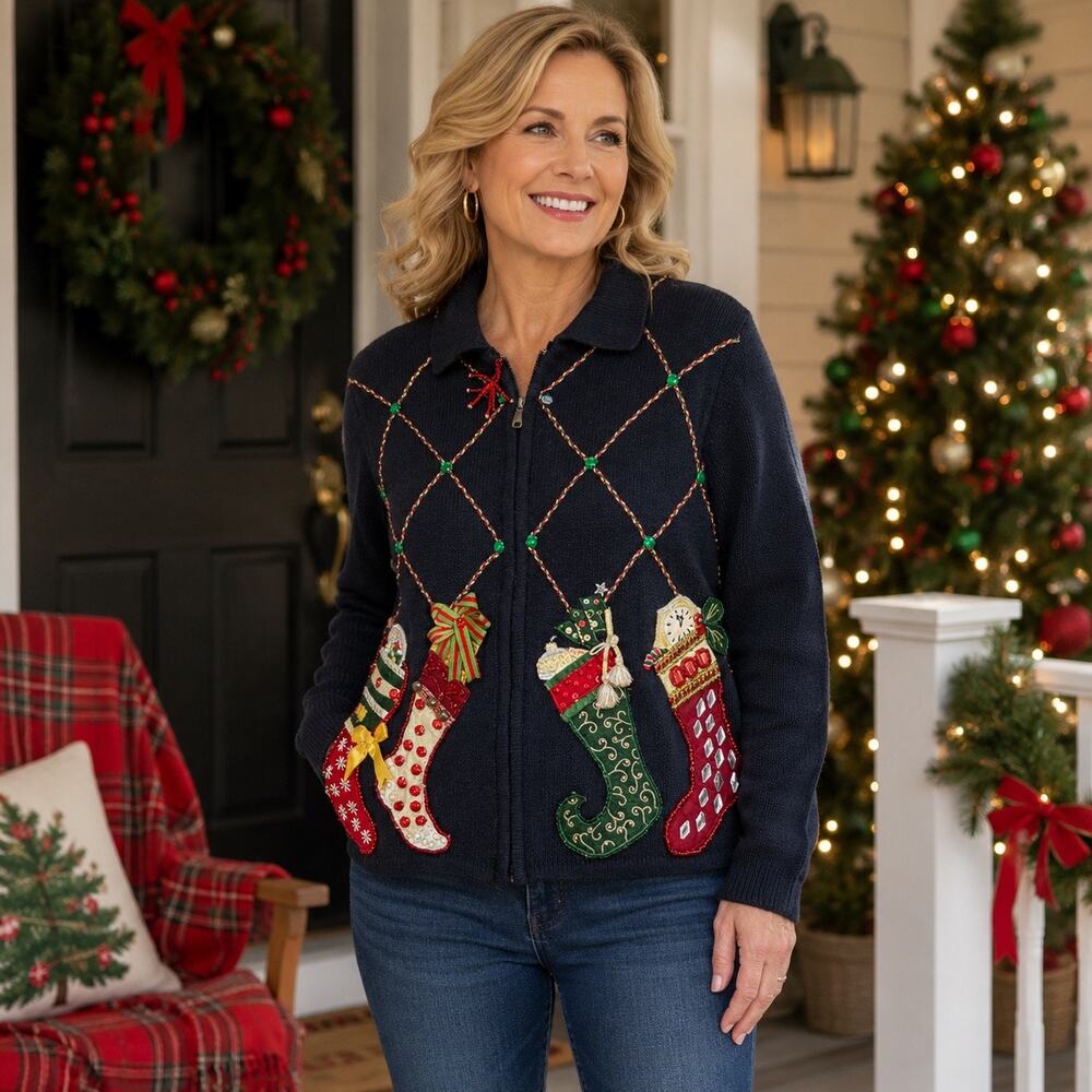 Tiara International Christmas Sweater Petite 
Black Stocking Beaded Zip Cardigan